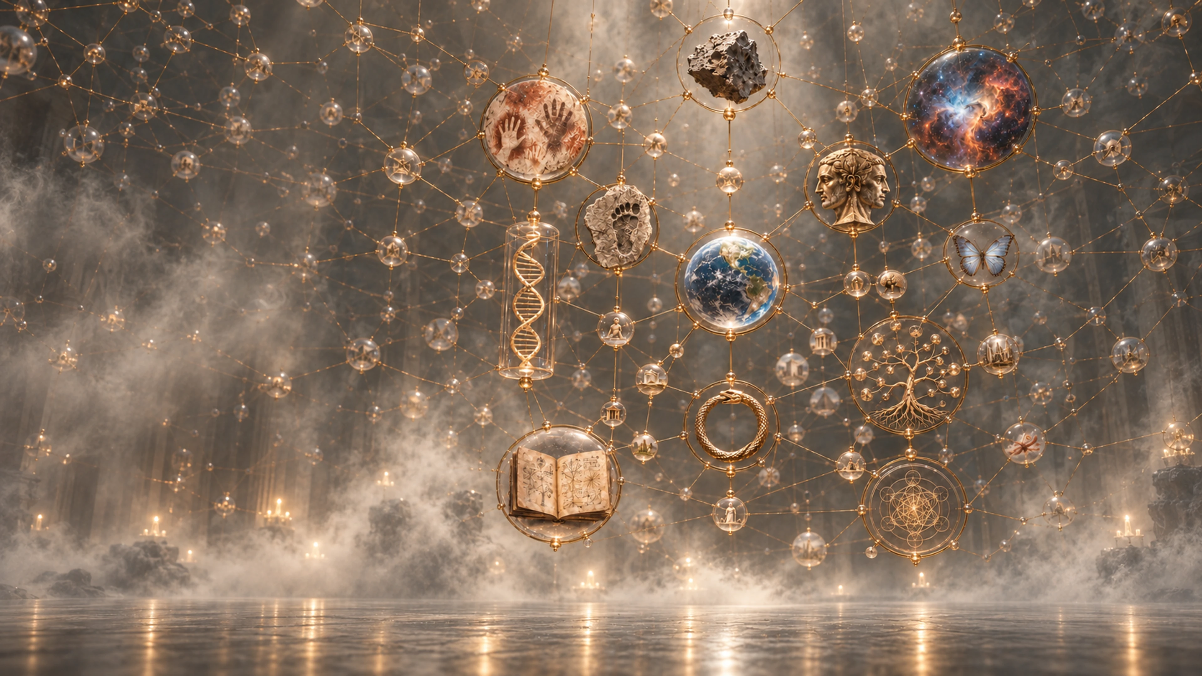 An imagined web of golden threads connecting artifacts, scientific discoveries and ideas.