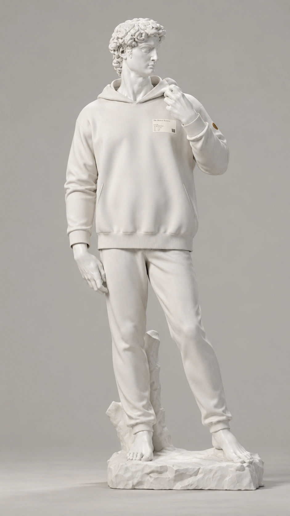 A marble statue of David wearing the Creation of Adam hoodie